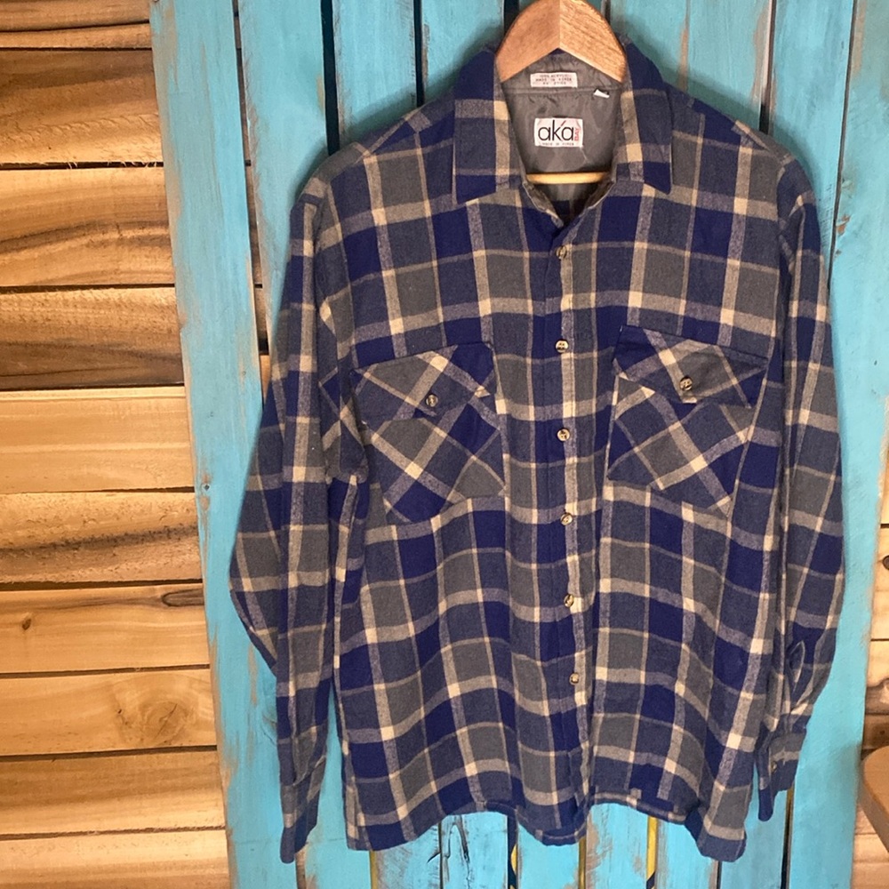 Vintage AKA Bay acrylic plaid flannel size large blue green cream acrylic